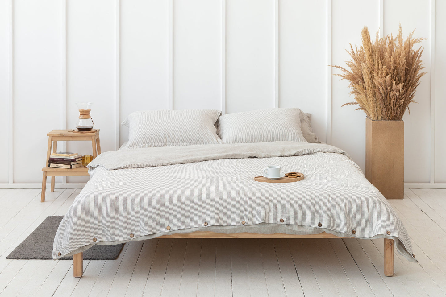 Sängkläder i Linne – Natural/Randig Beige (Vändbar)