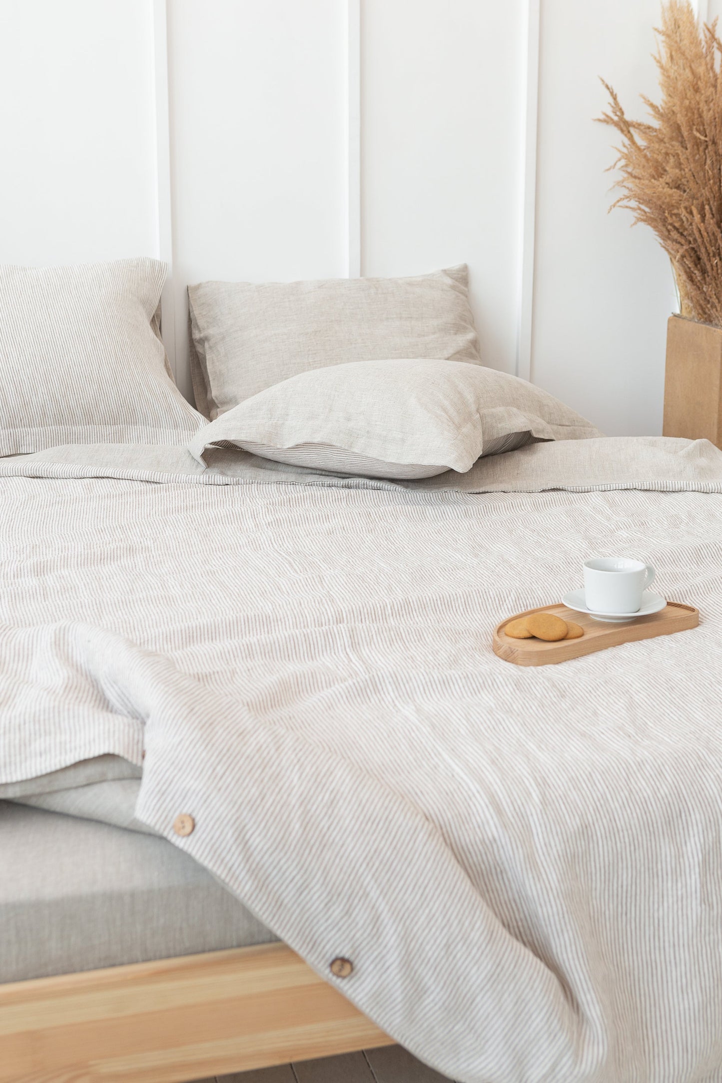 Sängkläder i Linne – Natural/Randig Beige (Vändbar)